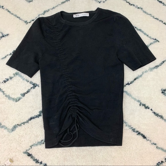 Zara Black Drawstring Front Short Sleeve Sweater Tee - Picture 4 of 11